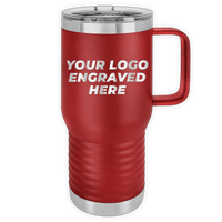 Red Custom Logo 20 oz Insulated Travel Tumbler with Built in Handle by Kodiak Coolers, with customizable text area saying "your logo engraved here" on a gray background, perfect as a promotional gift.