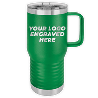 A green insulated travel mug with a handle, Custom Logo 20 oz Insulated Travel Tumbler with Built in Handle - Front side Logo Included custom printed with "your logo engraved here" in white on its side by Kodiak Coolers.