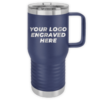 Blue Custom Logo 20 oz Insulated Travel Tumbler with Built in Handle - Front side Logo Included, custom printed with the text "your logo engraved here" in white letters by Kodiak Coolers.