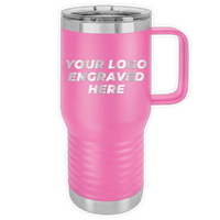 Pink Custom Logo 20 oz Insulated Travel Tumbler with Built in Handle by Kodiak Coolers, with the text "your logo engraved here" displayed in white, perfect as a promotional gift.