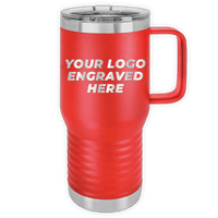 Red Custom Logo 20 oz Insulated Travel Tumbler with Built in Handle by Kodiak Coolers, featuring the text "your logo engraved here" in white letters, ideal as a promotional gift.