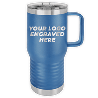 Blue Custom Logo 20 oz Insulated Travel Tumbler with Built in Handle - Front side Logo Included by Kodiak Coolers, ideal as a promotional gift.