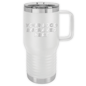 Stainless steel travel mug with a handle and a clear lid, custom printed with your logo on its side, replaced with Custom Logo 20 oz Insulated Travel Tumbler with Built in Handle - Front side Logo Included by Kodiak Coolers.