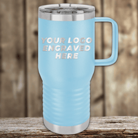 The Kodiak Coolers Realtor Closing Gifts for Clients is a light blue stainless steel travel mug with handle and lid, featuring your custom company logo—ideal as a promotional gift or for custom drinkware needs.