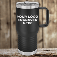 A black Kodiak Coolers travel mug with handle and clear lid sits on a wooden surface. "Realtor Closing Gifts for Clients - Your Custom Company Logo Engraved on Drinkware" is printed on the front, perfect for promotional gifts.