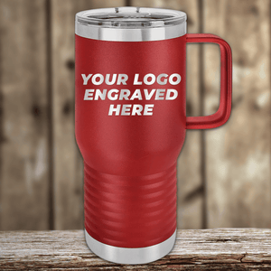 A red Realtor Closing Gift by Kodiak Coolers with a handle rests on wood, featuring "YOUR LOGO ENGRAVED HERE"—an ideal custom drinkware promo for clients with your company logo.