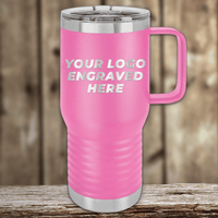 A pink Kodiak Coolers travel mug with handle and silver lid, featuring your custom company logo engraved—ideal as a Realtor closing gift for clients or anyone wanting stylish personalized drinkware.