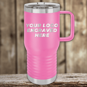 A pink Kodiak Coolers travel mug with handle and silver lid, featuring your custom company logo engraved—ideal as a Realtor closing gift for clients or anyone wanting stylish personalized drinkware.