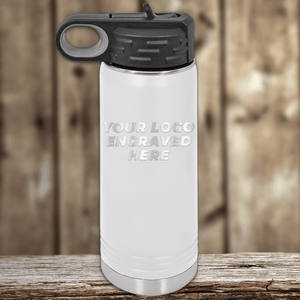 A white stainless steel water bottle with a black lid from Kodiak Coolers, engraved with your custom company logo—perfect as Realtor Closing Gifts for Clients and promotional drinkware to pair with custom logo mugs.