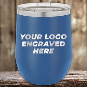 A Kodiak Coolers custom wine cup 12 oz with your logo or design engraved - Special Bulk Wholesale Volume Pricing, insulated blue wine tumbler made of stainless steel.