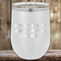 Custom Stemless Wine Cups with a logo customization placeholder on a wooden surface by Kodiak Coolers.