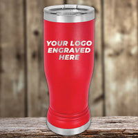 Kodiak Coolers’ Custom Pilsner Glasses 14 oz, engraved with your logo or design, feature a red stainless steel finish with silver lid and base. Perfect for brand promotion—take advantage of Black Friday volume pricing for a limited time!.