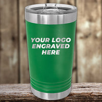 Green insulated Custom Pint Tumblers 16 oz with Slider Lid from Kodiak Coolers, featuring double-walled insulation and a customizable logo area on a wooden surface.