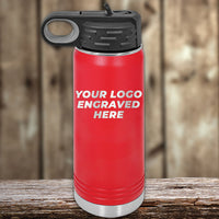 Red Kodiak Coolers insulated water bottle with a black lid features a laser-engraved logo, "YOUR LOGO ENGRAVED HERE," against a blurred wooden background. Ideal for custom tumblers at wholesale price during the Special Presidents Day Sale; $250 minimum order required.