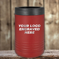 A red Kodiak Coolers can cooler with your logo engraved on it, featuring vacuum-sealed insulation technology. Perfect for personalized corporate merchandise, these Custom Standard Can Holders with your Logo or Design Engraved - Special Black Friday Sale Volume Pricing - LIMITED TIME are both functional.