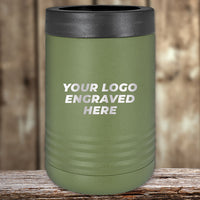 Kodiak Coolers' Custom Engraved Drinkware with your Logo, featuring "YOUR LOGO ENGRAVED HERE," sits elegantly on a wooden surface. Perfect for businesses and events, this Presidents Day sale includes one side logo with no setup fee; $250 minimum order required.