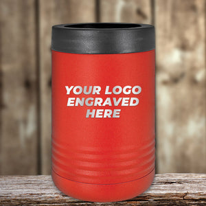 Red promotional Custom Standard Can Holder with your Logo or Design engraved displayed on a wooden surface.