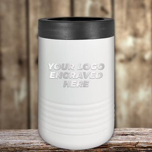 A Kodiak Coolers white insulated tumbler with a black lid rests on a wooden surface, showcasing "Your Laser Engraved Logo Here." Custom Engraved Drinkware includes logo engraving, no setup fee, and requires a $250 minimum order for this Presidents Day sale.
