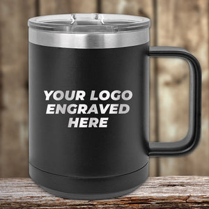 The Kodiak Coolers Custom Coffee Mug 15 oz, engraved with your logo or design, is perfect for branding. Shown in black with a clear lid on wood. Special Black Friday sale with volume pricing—LIMITED TIME!.