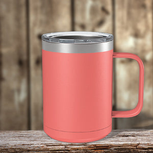 A pink and silver Custom Coffee Mug 15 oz from Kodiak Coolers that can be laser engraved with a custom logo.