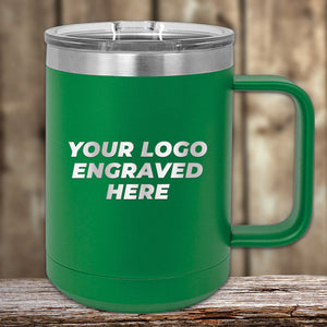 A Kodiak Coolers Engraved Custom Logo Drinkware mug with single side engraving sits on wood, showing “YOUR LOGO ENGRAVED HERE”—ideal for bulk custom mugs featuring your brand at tiered pricing.