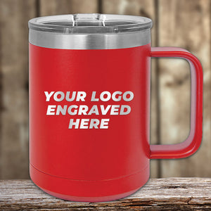 A 15 oz Kodiak Coolers Custom Coffee Mug with your logo or design engraved, featuring a clear lid, sits on a wooden surface—perfect for branded mugs. Black Friday sale: special volume pricing for a limited time.