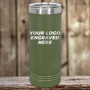 Green insulated Kodiak Coolers custom skinny tumbler with customizable logo area displayed on a wooden surface.