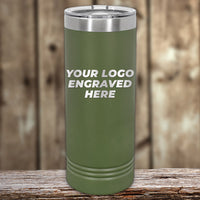 The olive green insulated tumbler from Kodiak Coolers, featuring a laser-engraved wooden logo and blurred background, is perfect for custom needs. It includes engraving on one side with no setup fee. Enjoy attractive wholesale pricing at $250 minimum during the Presidents Day Sale.