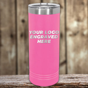 Pink engraved Custom Skinny Tumblers 22 oz with your Logo or Design on a wooden surface by Kodiak Coolers.
