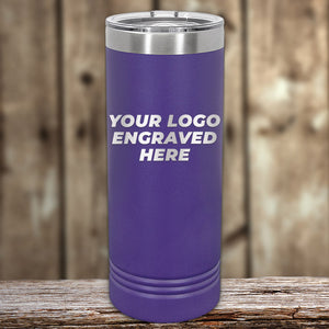 Promotional purple Kodiak Coolers custom skinny tumbler with an engraved area displayed on a wooden surface.