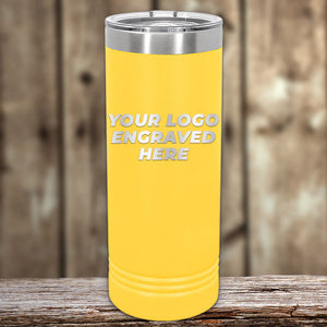 Yellow insulated Kodiak Coolers custom skinny tumbler with customizable logo space displayed on a wooden surface.