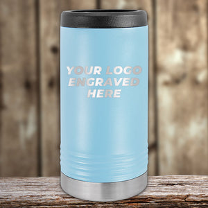 Customizable Kodiak Coolers Slim Seltzer Can Holder with your Logo or Design Engraved - Low 6 Piece Order Minimal Sample Volume, displayed on a wooden surface with a blurred background.