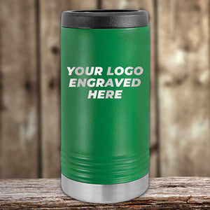 Green Custom Slim Seltzer Can Holder with your Logo or Design Engraved - Low 6 Piece Order Minimal Sample Volume displayed on a wooden surface with a blurred background. Made by Kodiak Coolers.