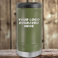 Kodiak Coolers' green insulated tumbler features space for your custom logo, ideal on a wooden surface with blurred wooden background. Perfect for laser-engraved logos with no setup fee during this Presidents Day Sale. $250 minimum order required; 1 side logo included in price.