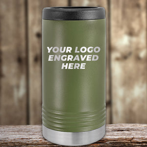 Kodiak Coolers' green insulated tumbler features space for your custom logo, ideal on a wooden surface with blurred wooden background. Perfect for laser-engraved logos with no setup fee during this Presidents Day Sale. $250 minimum order required; 1 side logo included in price.