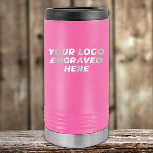 Pink Custom Slim Seltzer Can Holder with your Logo or Design Engraved - Low 6 Piece Order Minimal Sample Volume displayed on a wooden surface by Kodiak Coolers.