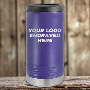 A Custom Slim Seltzer Can Holder with your Logo or Design Engraved from Kodiak Coolers displayed on a wooden surface against a blurred background.