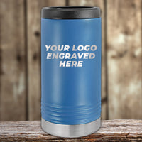 A blue Kodiak Coolers insulated tumbler lies on a rustic wooden surface, ideal for custom logo engraving enthusiasts. This practical and stylish custom engraved drinkware includes a one-side logo with no setup fee, requiring a $250 minimum order during the Presidents Day sale.