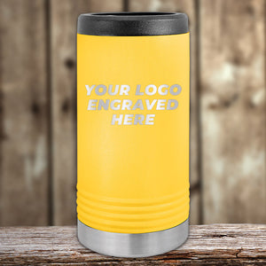 Yellow Custom Slim Seltzer Can Holder with your Logo or Design Engraved - Low 6 Piece Order Minimal Sample Volume by Kodiak Coolers on a wooden surface.