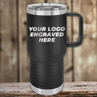 A black Kodiak Coolers travel mug with handle and lid, engraved with your custom logo—ideal for business promo gifts. Single side engraving included; bulk tiered pricing available on Engraved Custom Logo Drinkware.