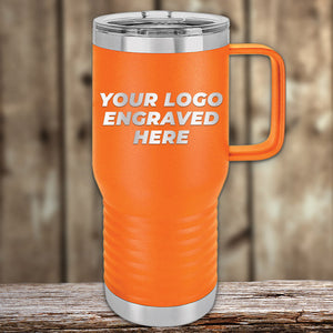 The Kodiak Coolers Engraved Custom Logo Drinkware features a tall orange insulated mug with a handle, silver lid and base, and single-sided logo engraving—ideal for business promotions or personalized brand gifts. Bulk tiered pricing available.
