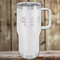 A white Kodiak Coolers insulated travel mug on wood features "Your Logo Engraved Here." Ideal for those looking for custom tumblers with a laser engraved logo at wholesale pricing. Enjoy this special Presidents Day sale with no setup fee and a $250 minimum order requirement.