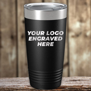 Customizable Kodiak Coolers black tumbler, perfect as a corporate promotional gift, with mock-up text for logo placement on a wooden surface.