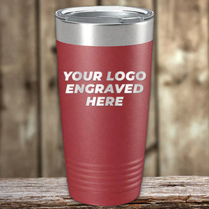 A set of 6 red Kodiak Coolers 20oz tumblers with silver lids, custom laser engraved with your logo—ideal for promotions. Low volume order, no setup fees, and free shipping! Displayed on wood with a blurred wood background.