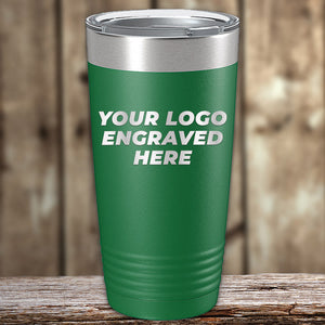 A Kodiak Coolers green insulated tumbler with a silver lid rests on wood, featuring "YOUR LOGO ENGRAVED HERE." Ideal for custom mugs, this Engraved Custom Logo Drinkware includes single-side engraving and bulk pricing.