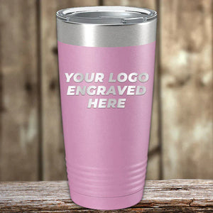 A set of 6 pink Kodiak Coolers 20 oz tumblers with silver lids, custom laser engraved with "YOUR LOGO ENGRAVED HERE," perfect for bulk or promotional use; low volume orders, no setup fees, and free shipping included.