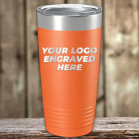 A set of 6 Kodiak Coolers 20 oz orange tumblers with custom laser engraving and silver lids is displayed on wood—perfect promo tumblers for your logo. Low volume order, no setup fees, and free shipping included!.