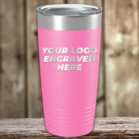 A set of 6 pink 20 oz Kodiak Coolers tumblers with silver lids is custom laser engraved with “YOUR LOGO ENGRAVED HERE.” Perfect for branding with your logo. No setup fees, free shipping, and low volume orders available.