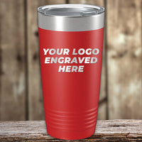 Red insulated tumbler with customizable logo space on a wooden surface, ideal for corporate promotional gifts - Bulk Custom Tumblers 20 oz with your Logo or Design Engraved by Kodiak Coolers.