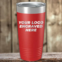 A set of 6 Kodiak Coolers custom laser engraved 20 oz tumblers with silver lids, shown with "YOUR LOGO ENGRAVED HERE"—ideal for low volume orders with no setup fees and free shipping.